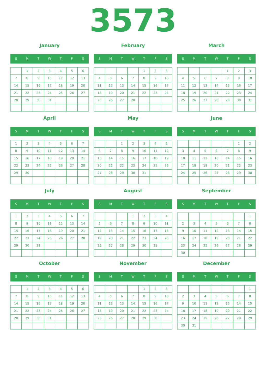 Printable 3573 Year Calendars green