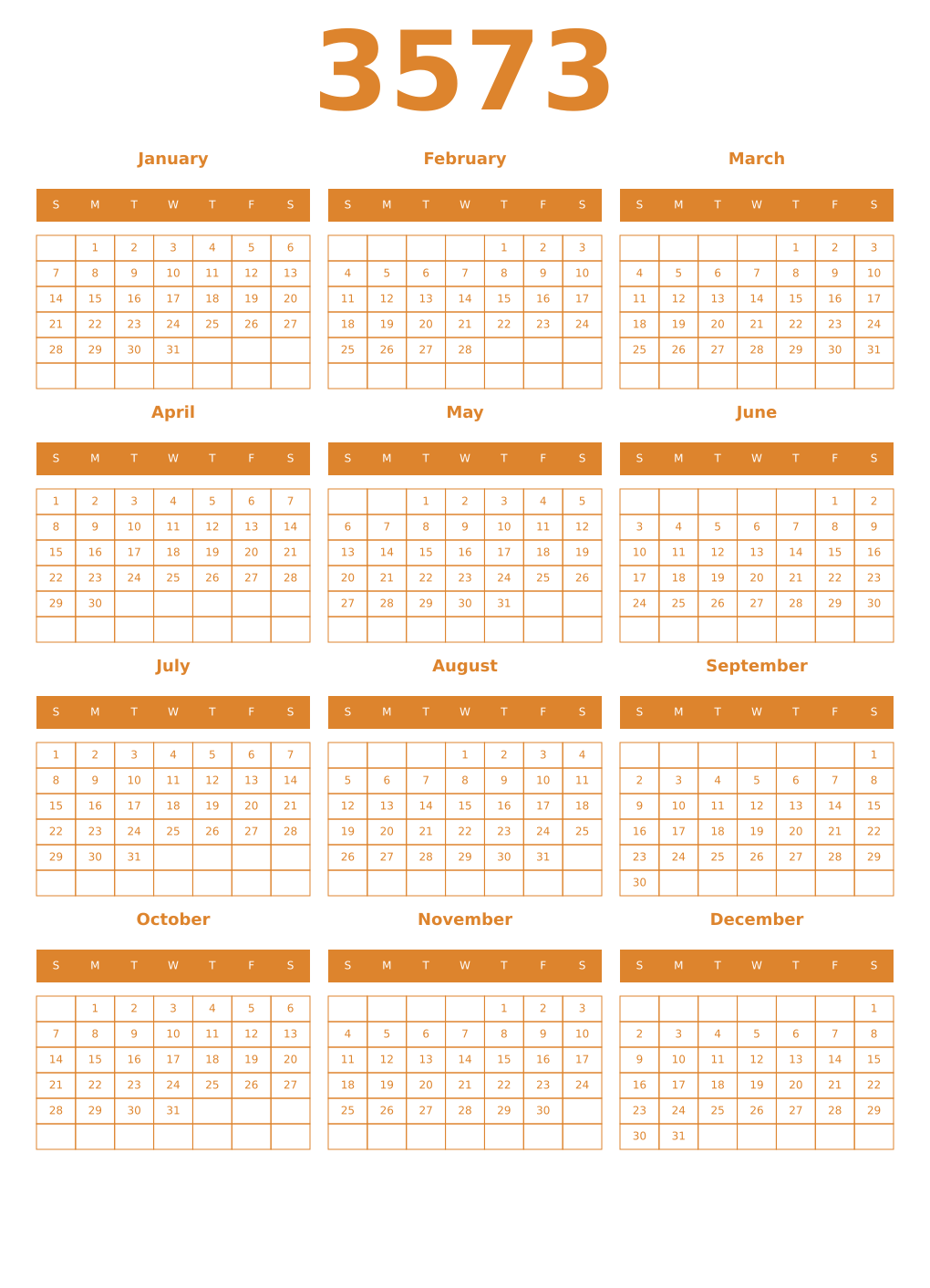 Printable 3573 Year Calendars orange