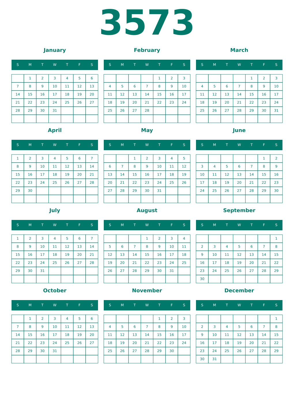 Printable 3573 Year Calendars pastel