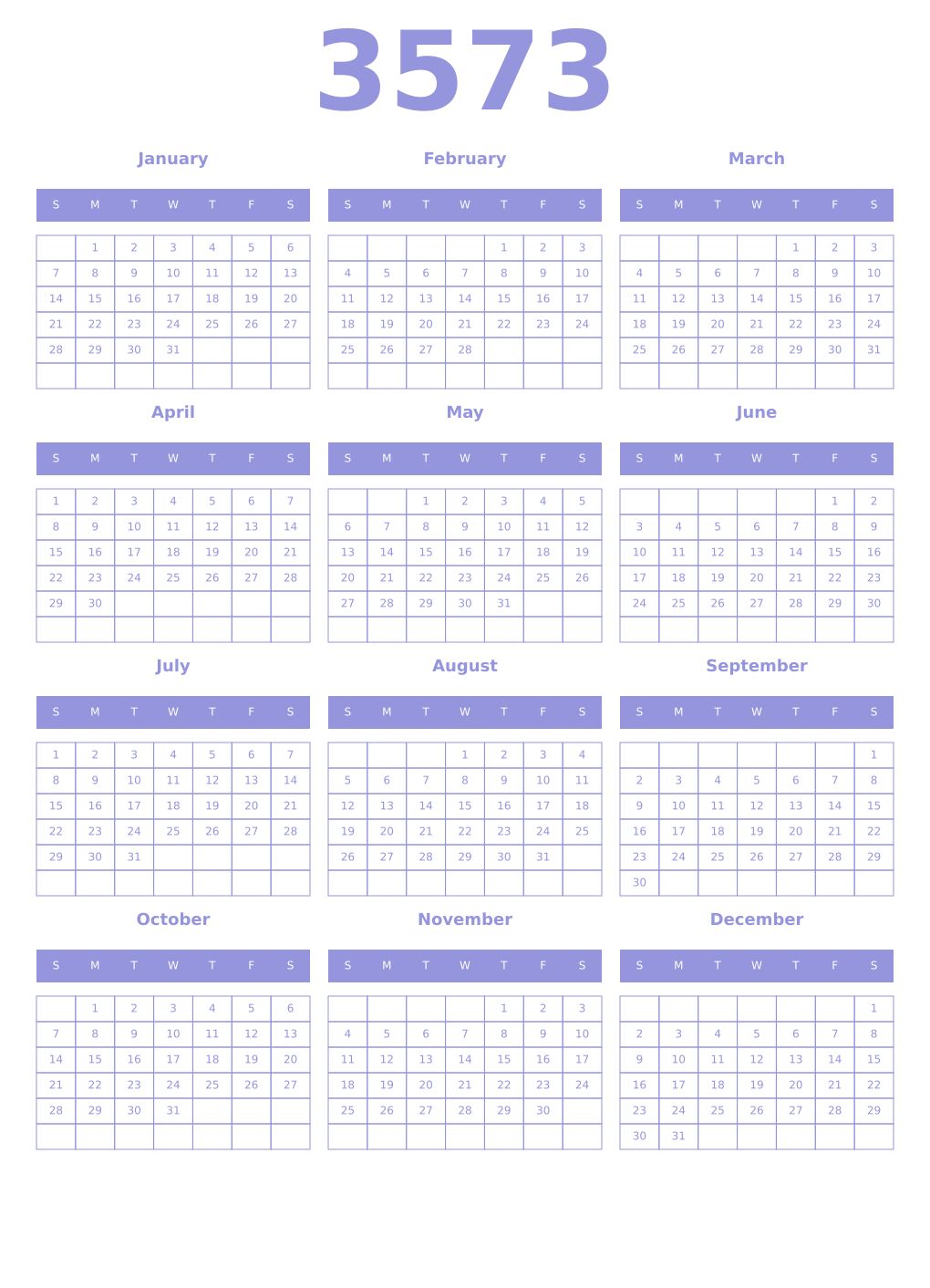 Printable 3573 Year Calendars periwinkle