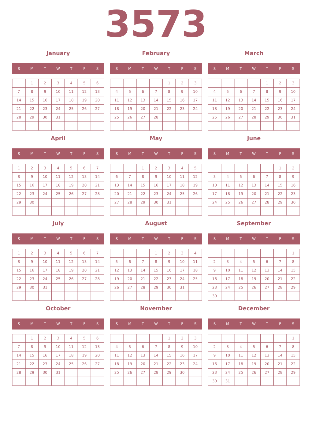 Printable 3573 Year Calendars puce