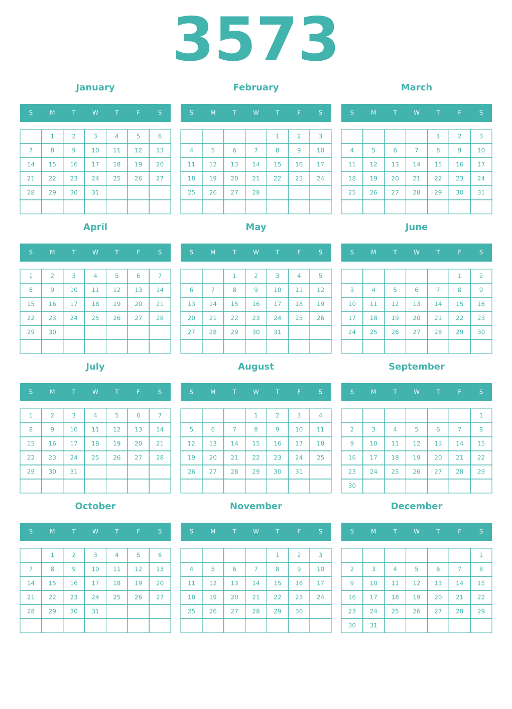 Printable 3573 Year Calendars verdigris