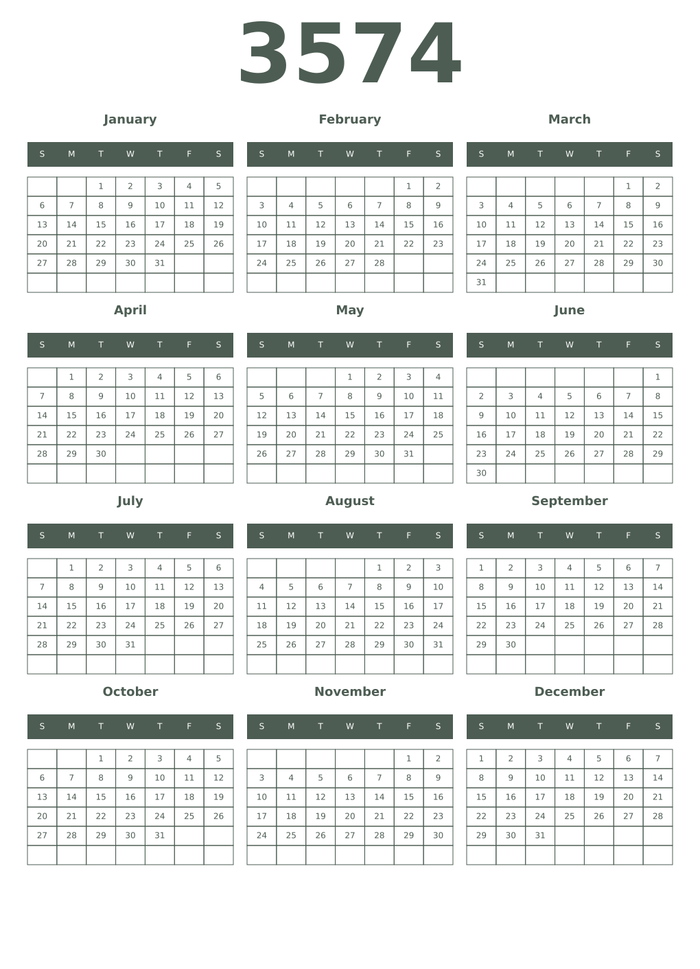 Printable 3574 Year Calendars feldgrau