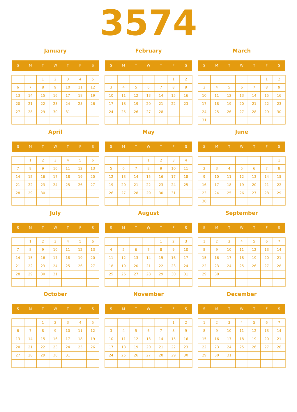 Printable 3574 Year Calendars gamboge