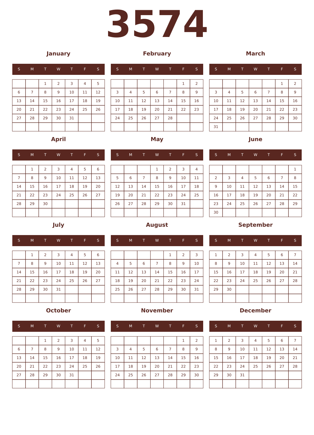 Printable 3574 Year Calendars mortuum