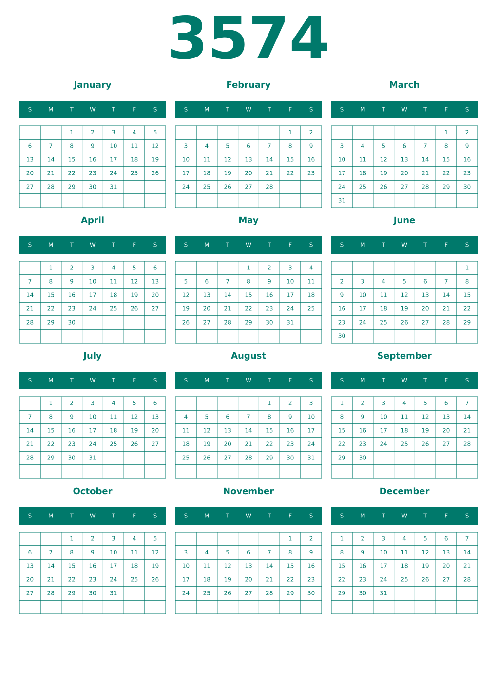Printable 3574 Year Calendars pastel