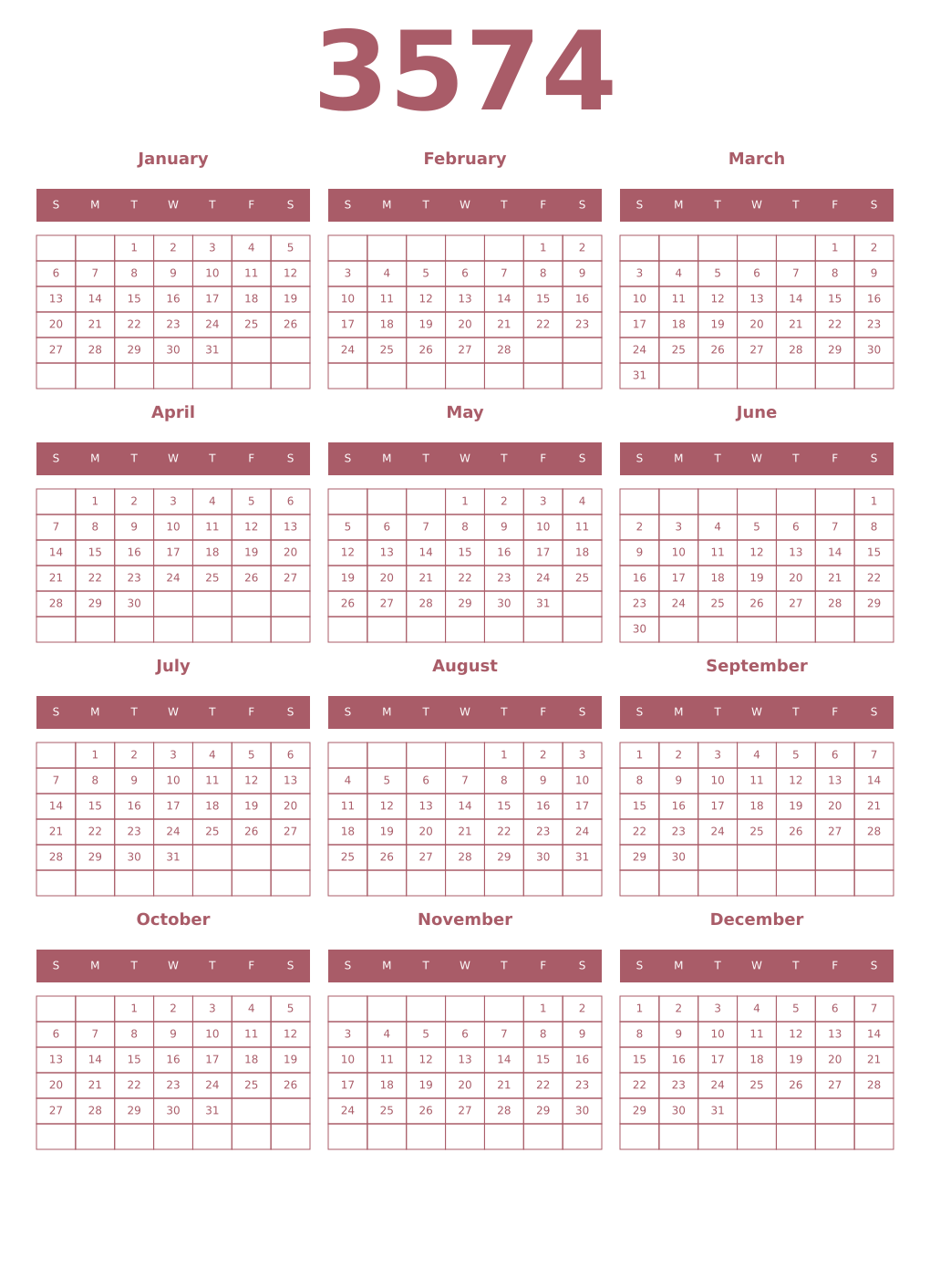 Printable 3574 Year Calendars puce