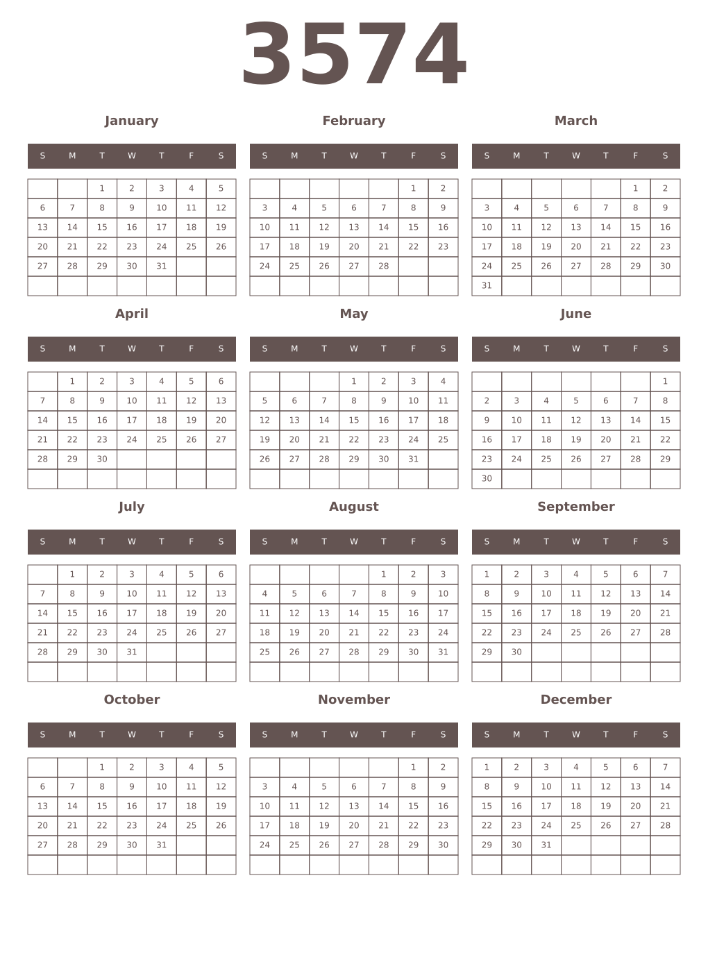 Printable 3574 Year Calendars wenge