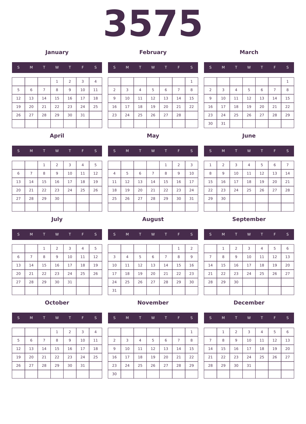 Printable 3575 Year Calendars aubergine