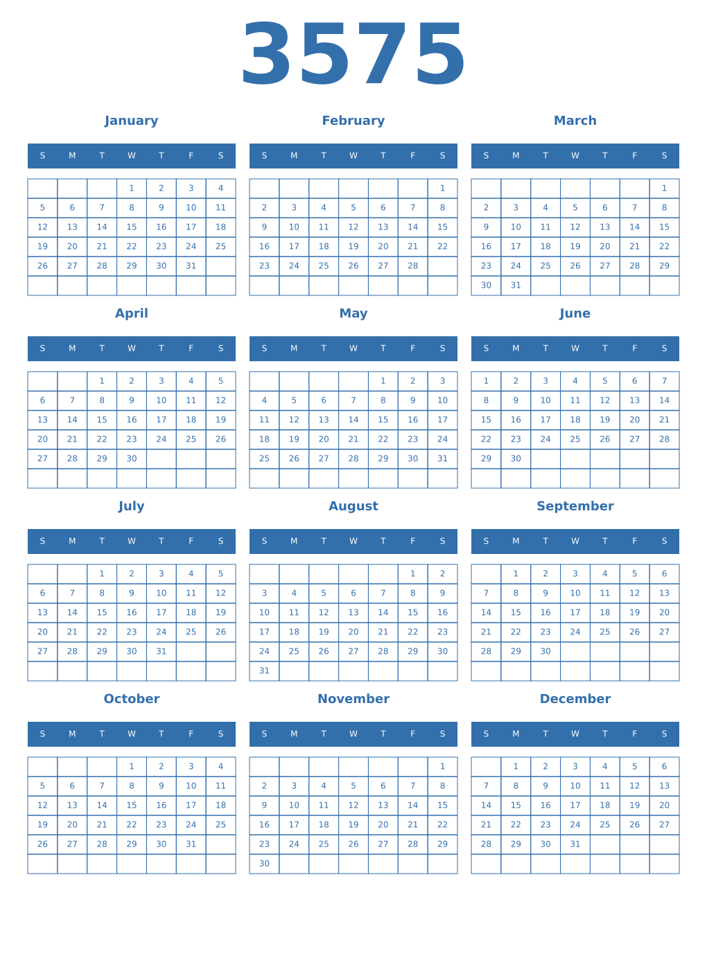 Printable 3575 Year Calendars blue
