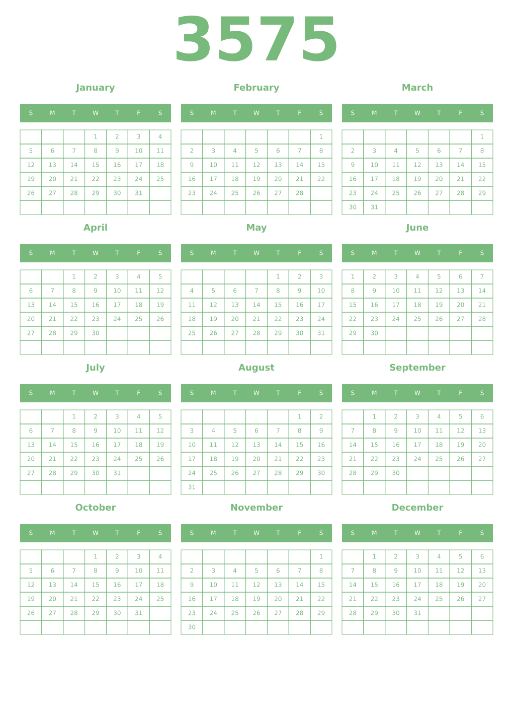 Printable 3575 Year Calendars celadon