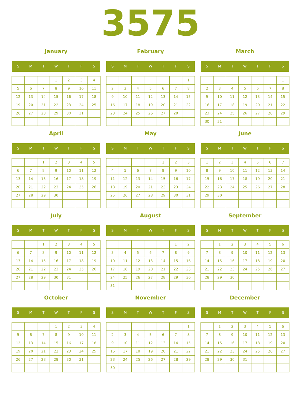 Printable 3575 Year Calendars chartreuse