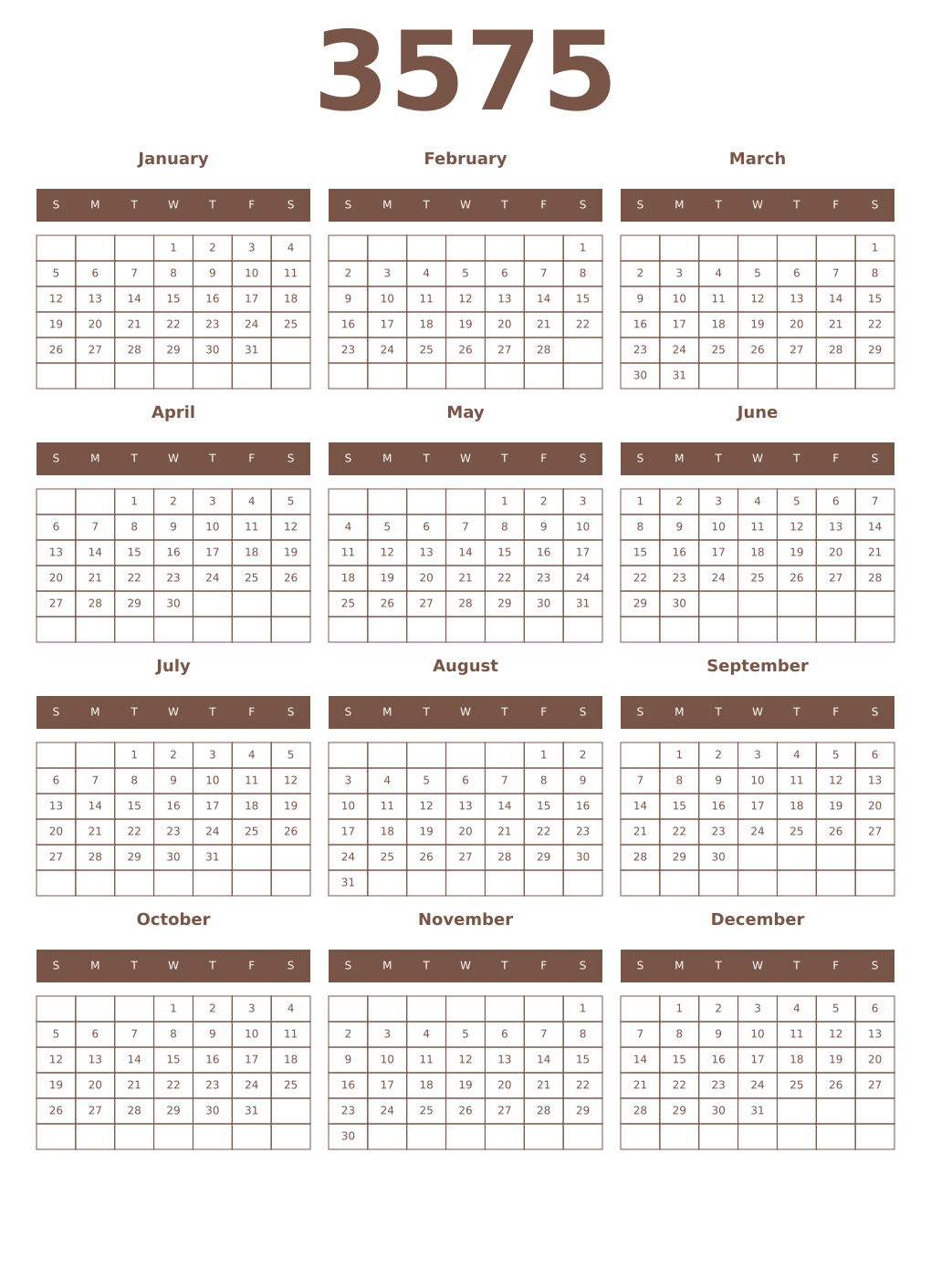 Printable 3575 Year Calendars coffe