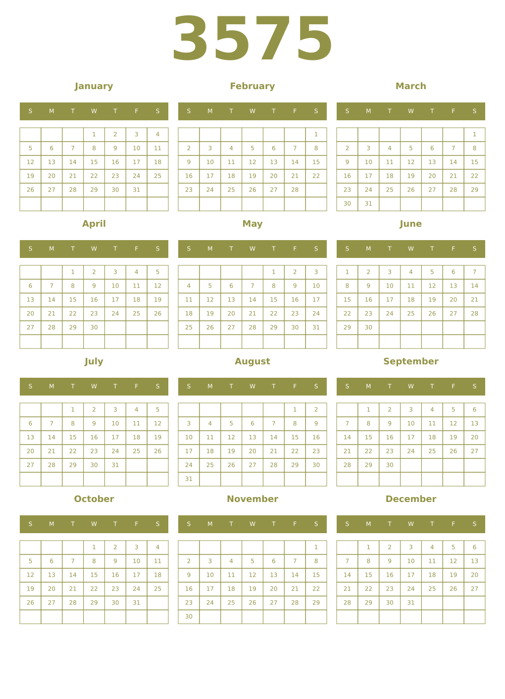 Printable 3575 Year Calendars eburnean
