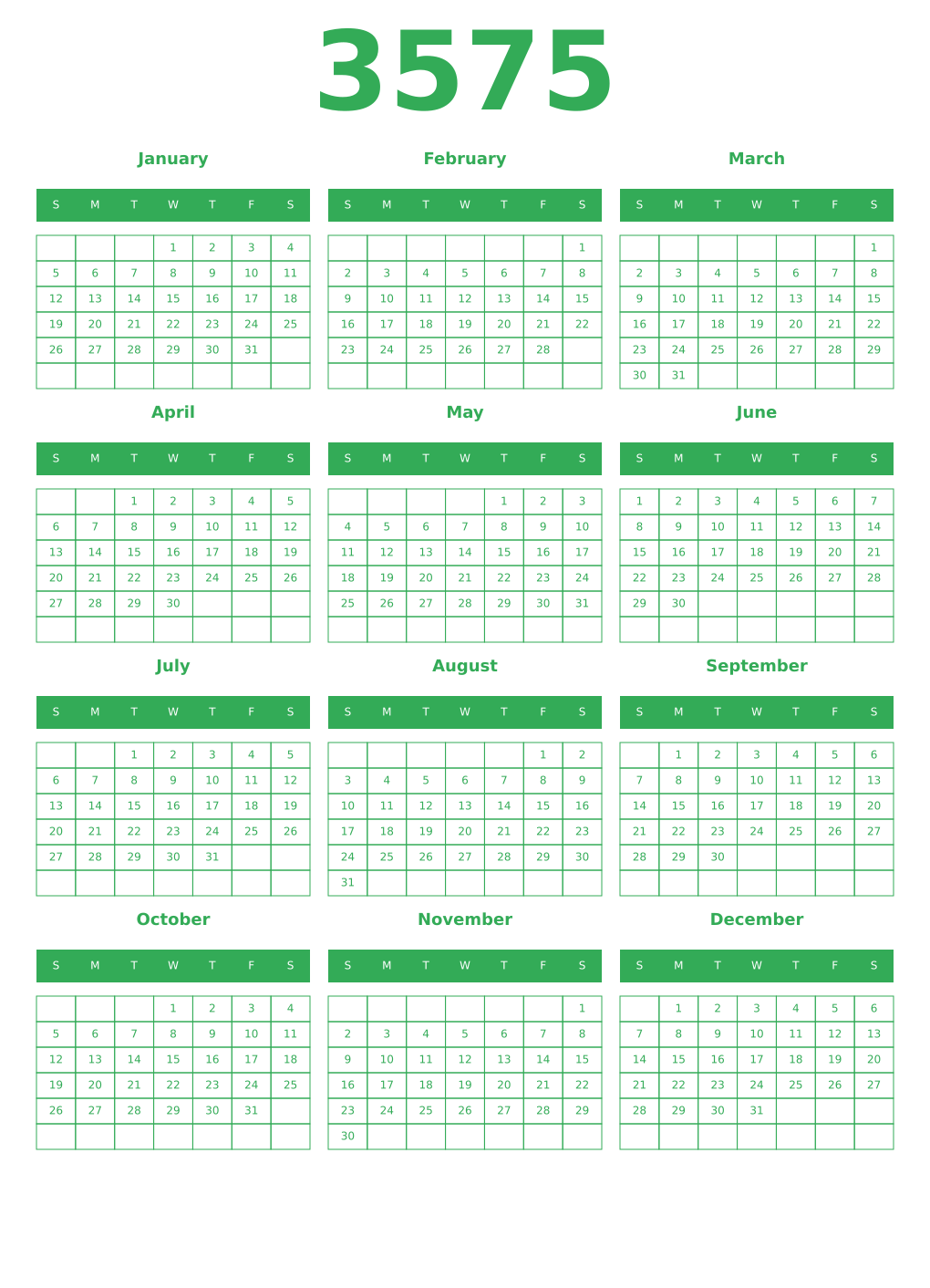 Printable 3575 Year Calendars green