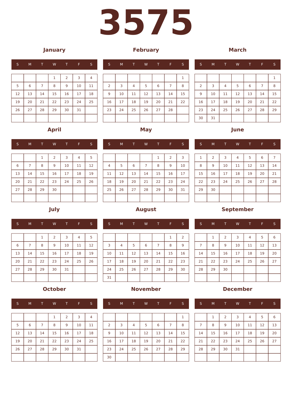 Printable 3575 Year Calendars mortuum