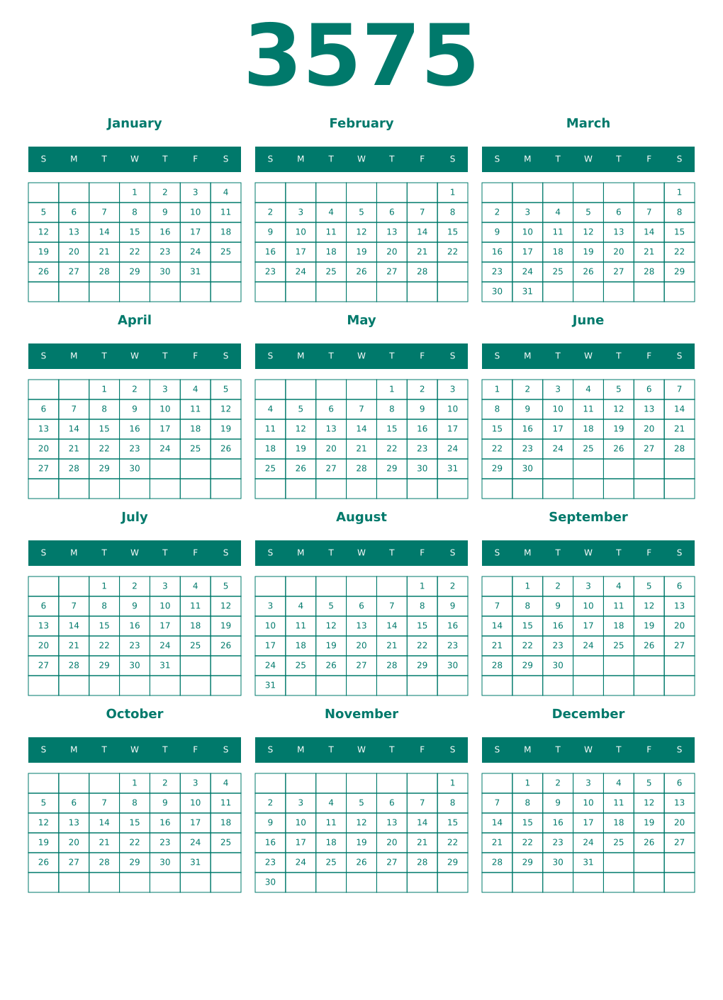 Printable 3575 Year Calendars pastel