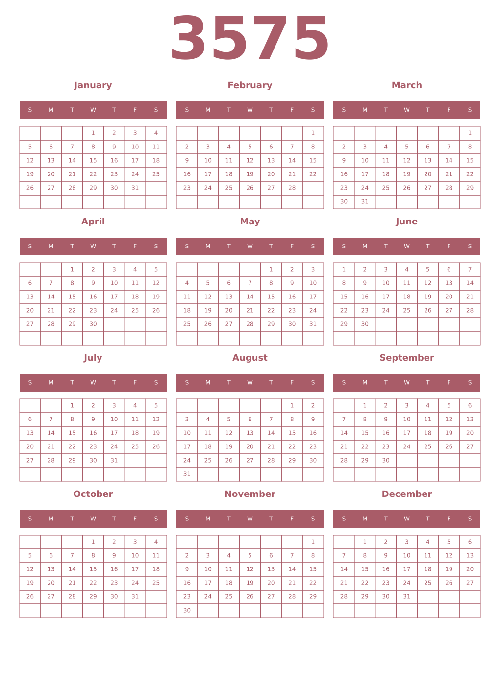 Printable 3575 Year Calendars puce