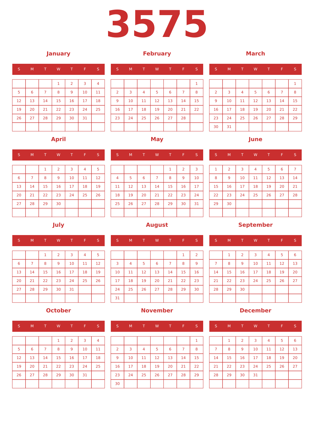 Printable 3575 Year Calendars red