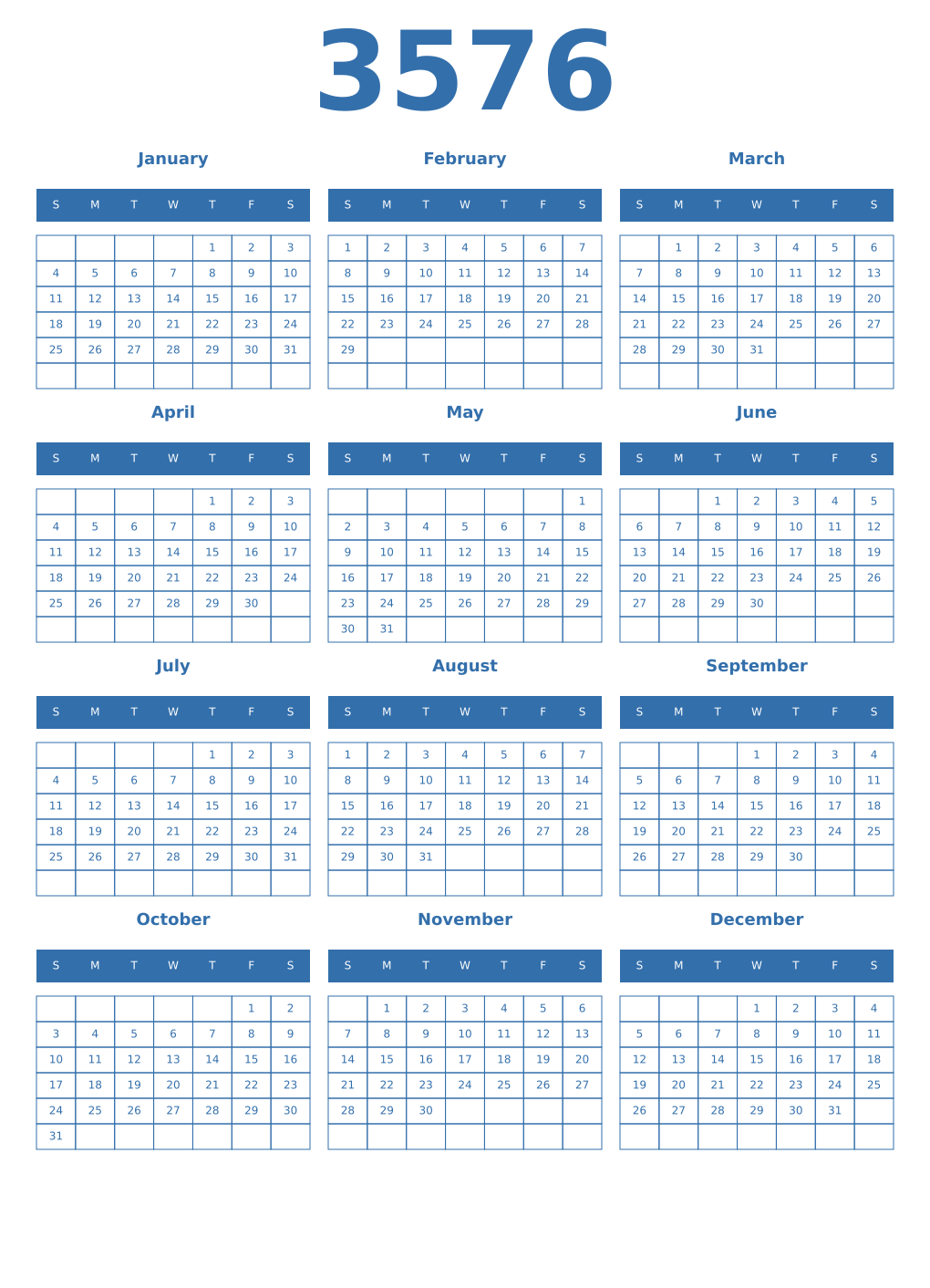 Printable 3576 Year Calendars blue
