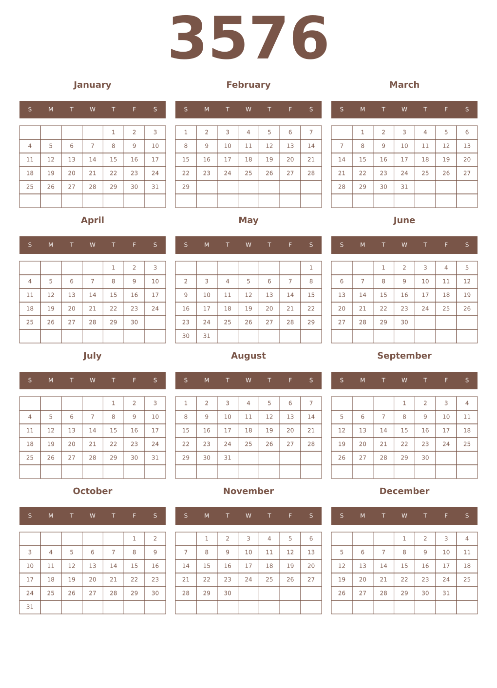Printable 3576 Year Calendars coffe