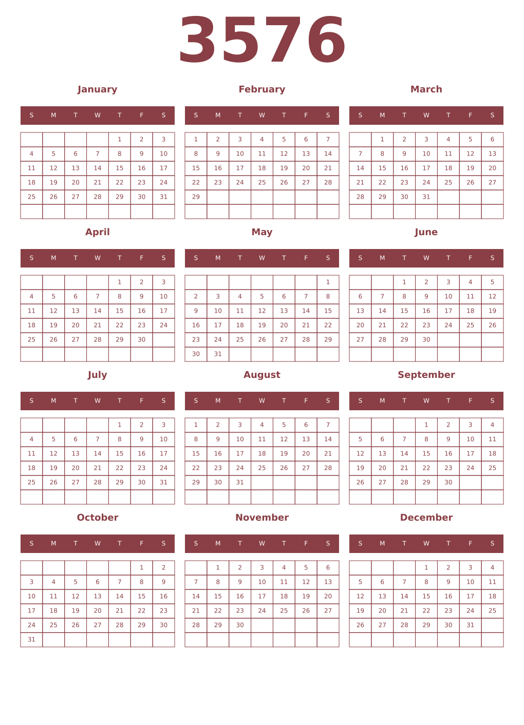 Printable 3576 Year Calendars cordovan