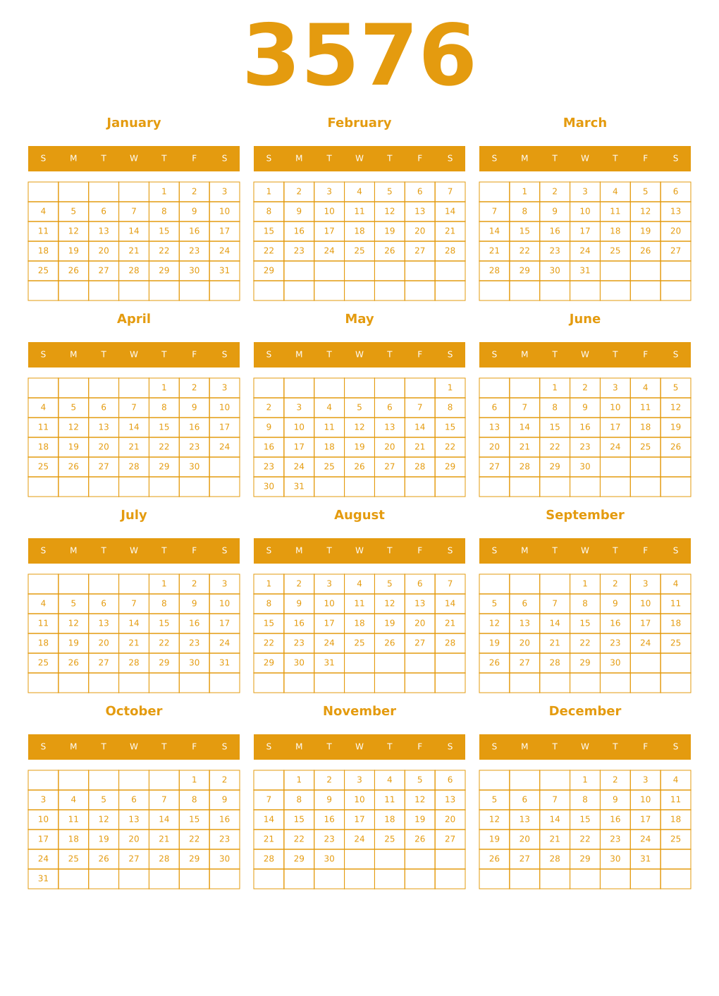 Printable 3576 Year Calendars gamboge