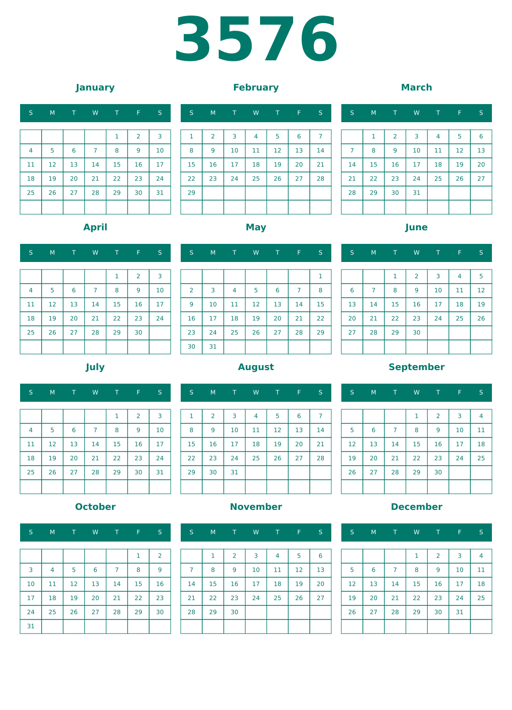 Printable 3576 Year Calendars pastel
