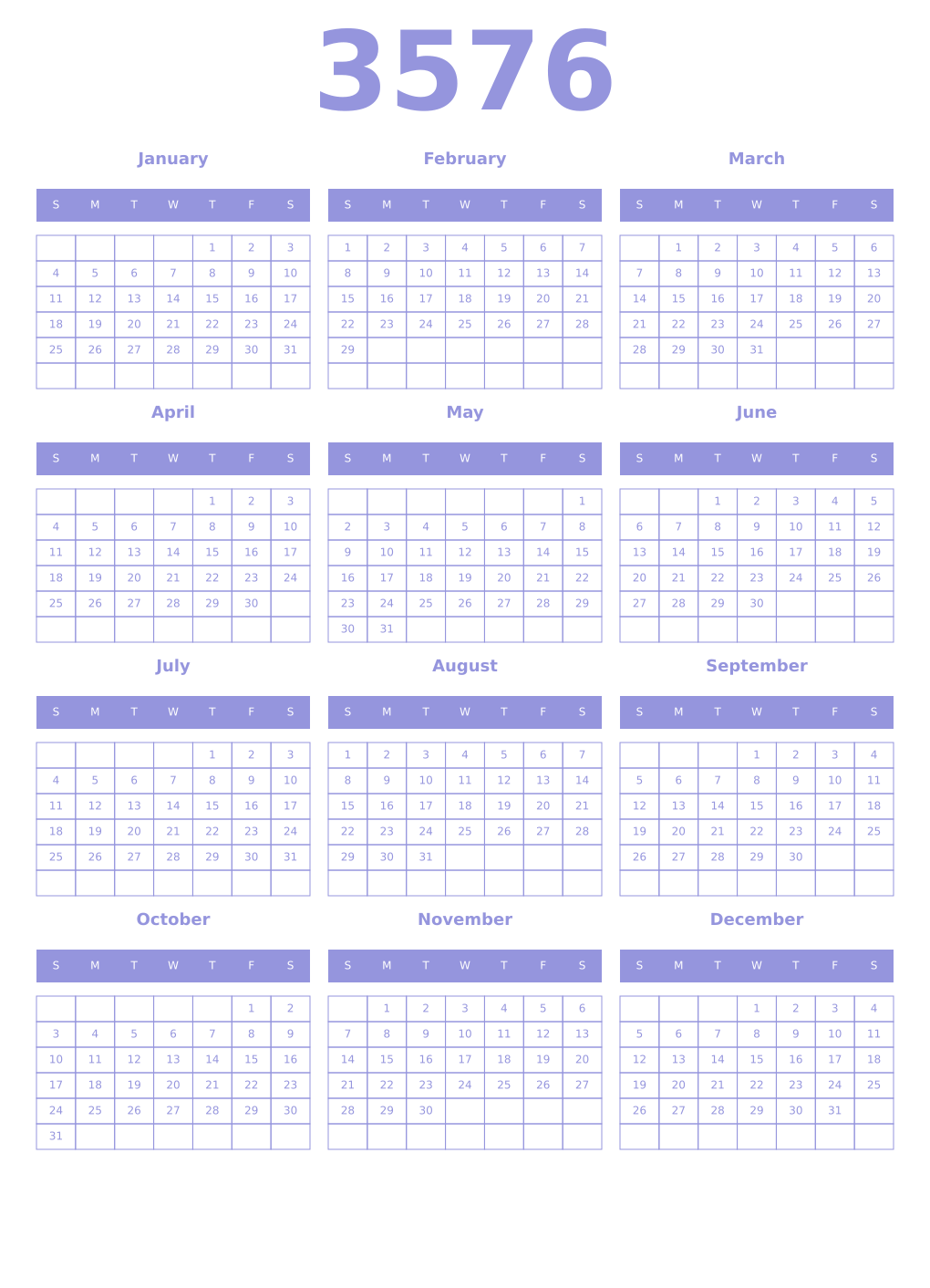 Printable 3576 Year Calendars periwinkle