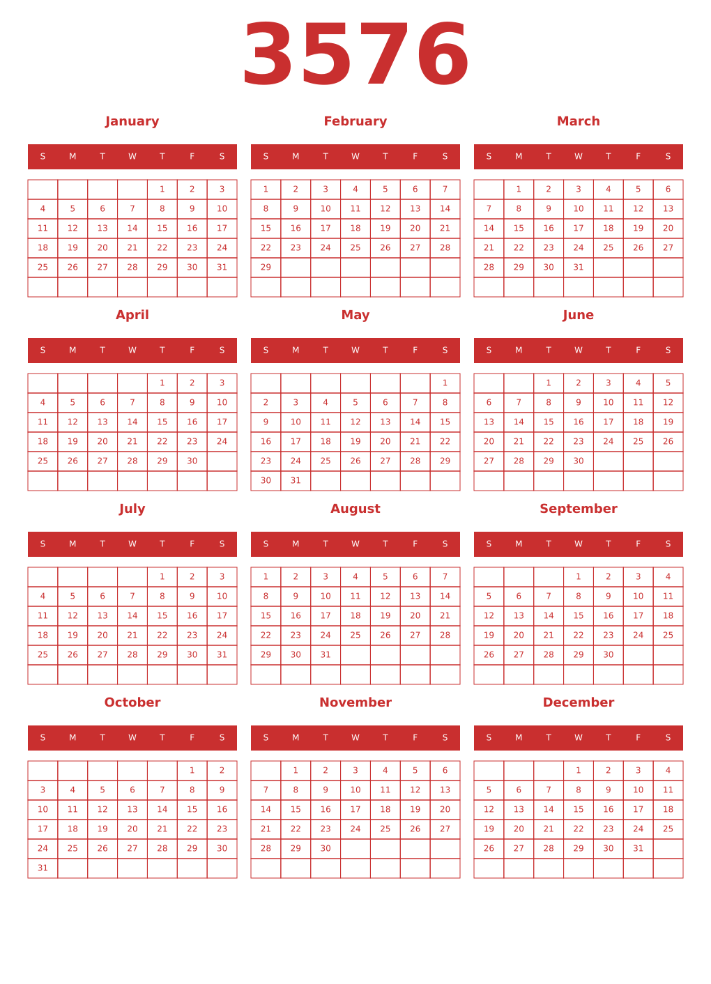 Printable 3576 Year Calendars red