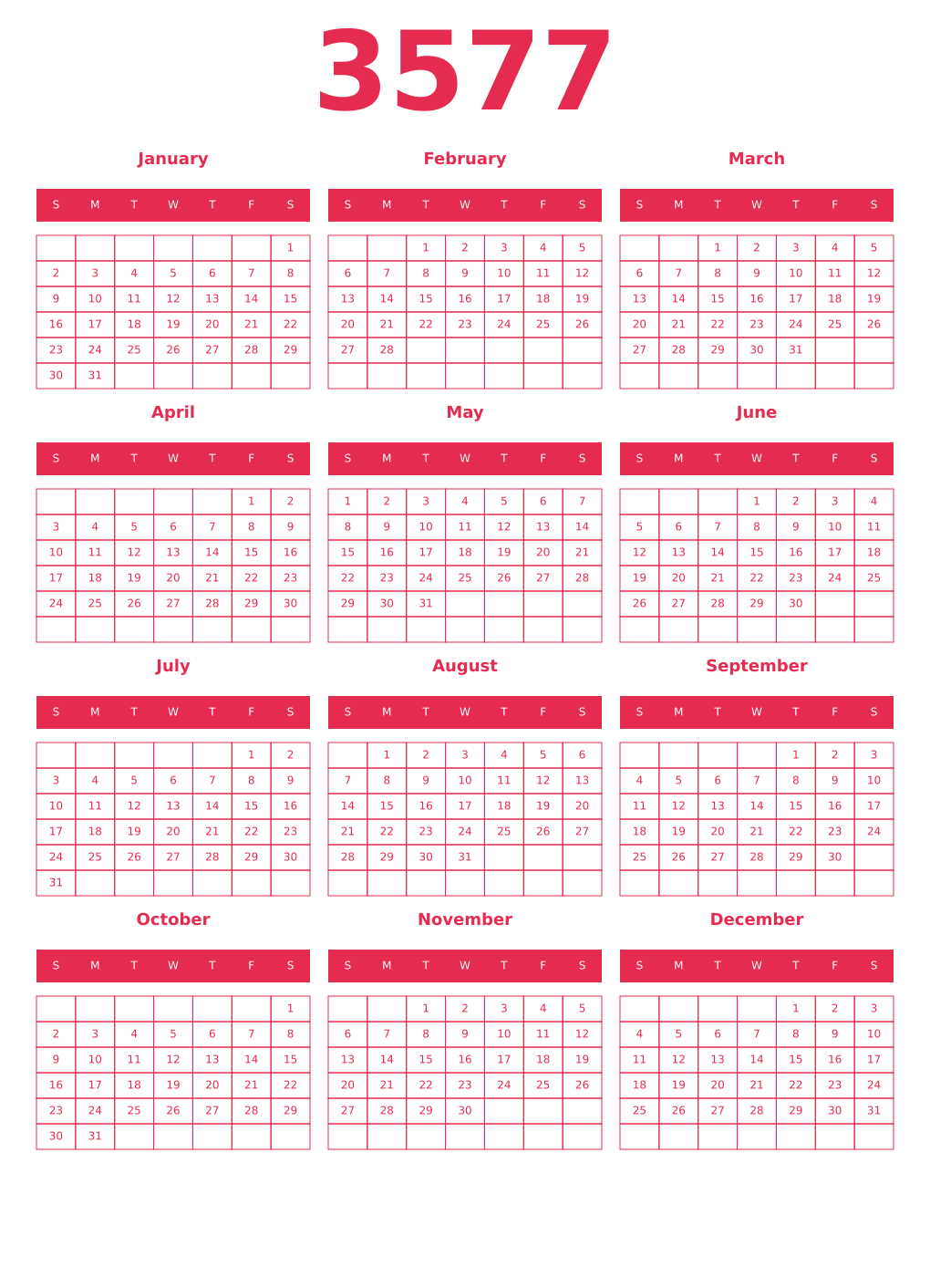 Printable 3577 Year Calendars amaranth