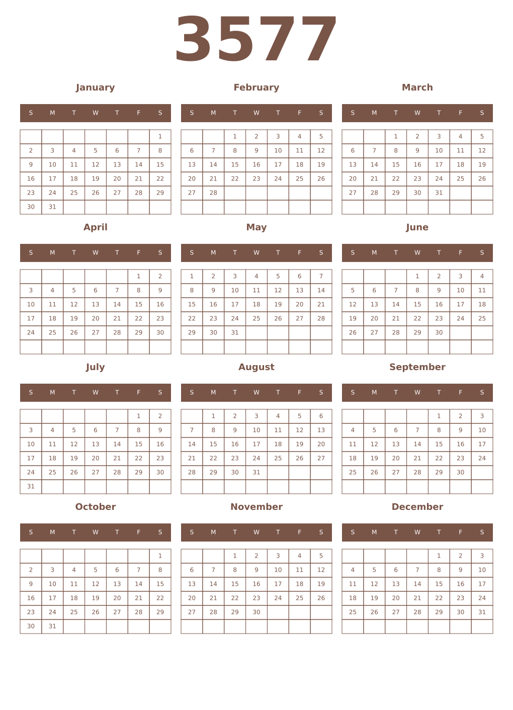 Printable 3577 Year Calendars coffe