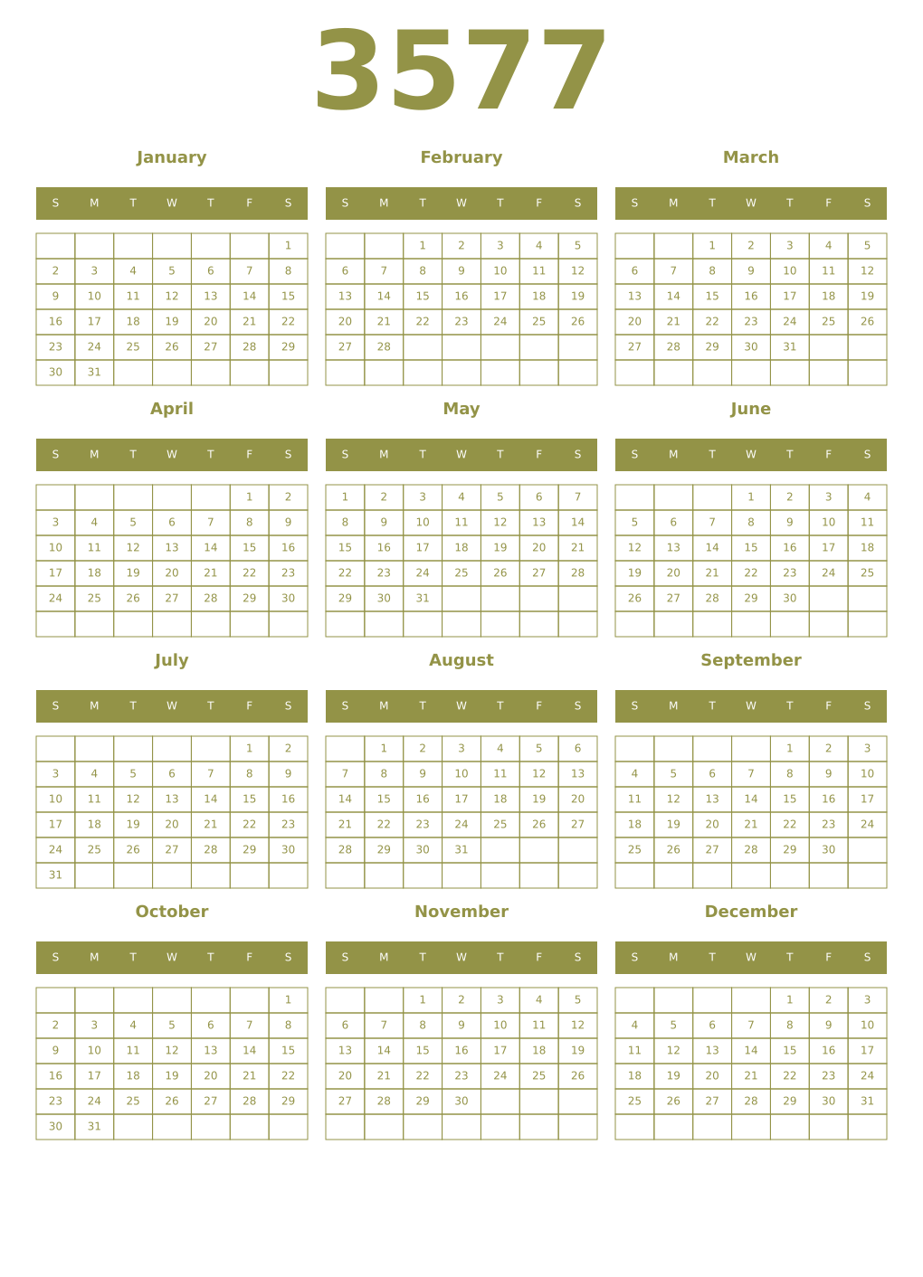 Printable 3577 Year Calendars eburnean
