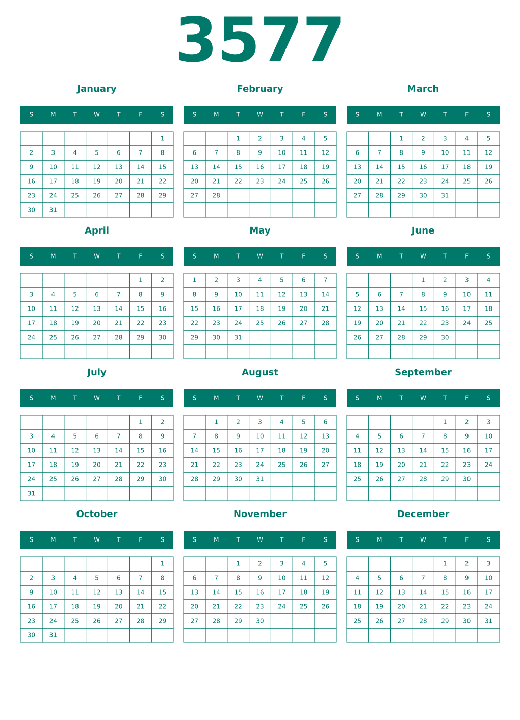Printable 3577 Year Calendars pastel