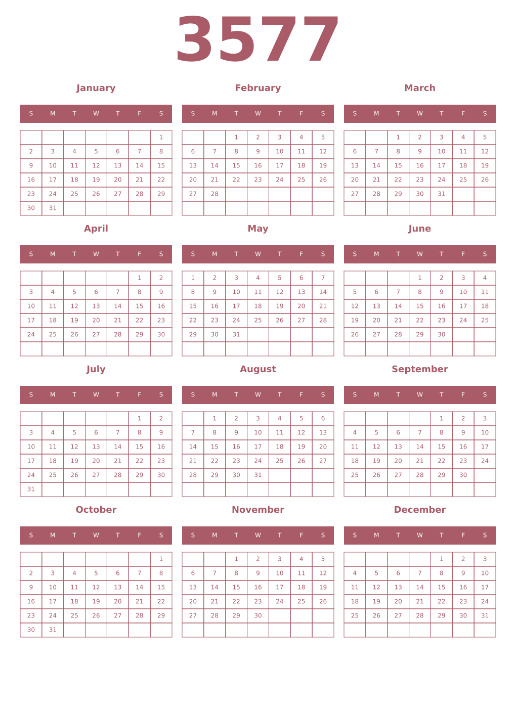 Printable 3577 Year Calendars puce