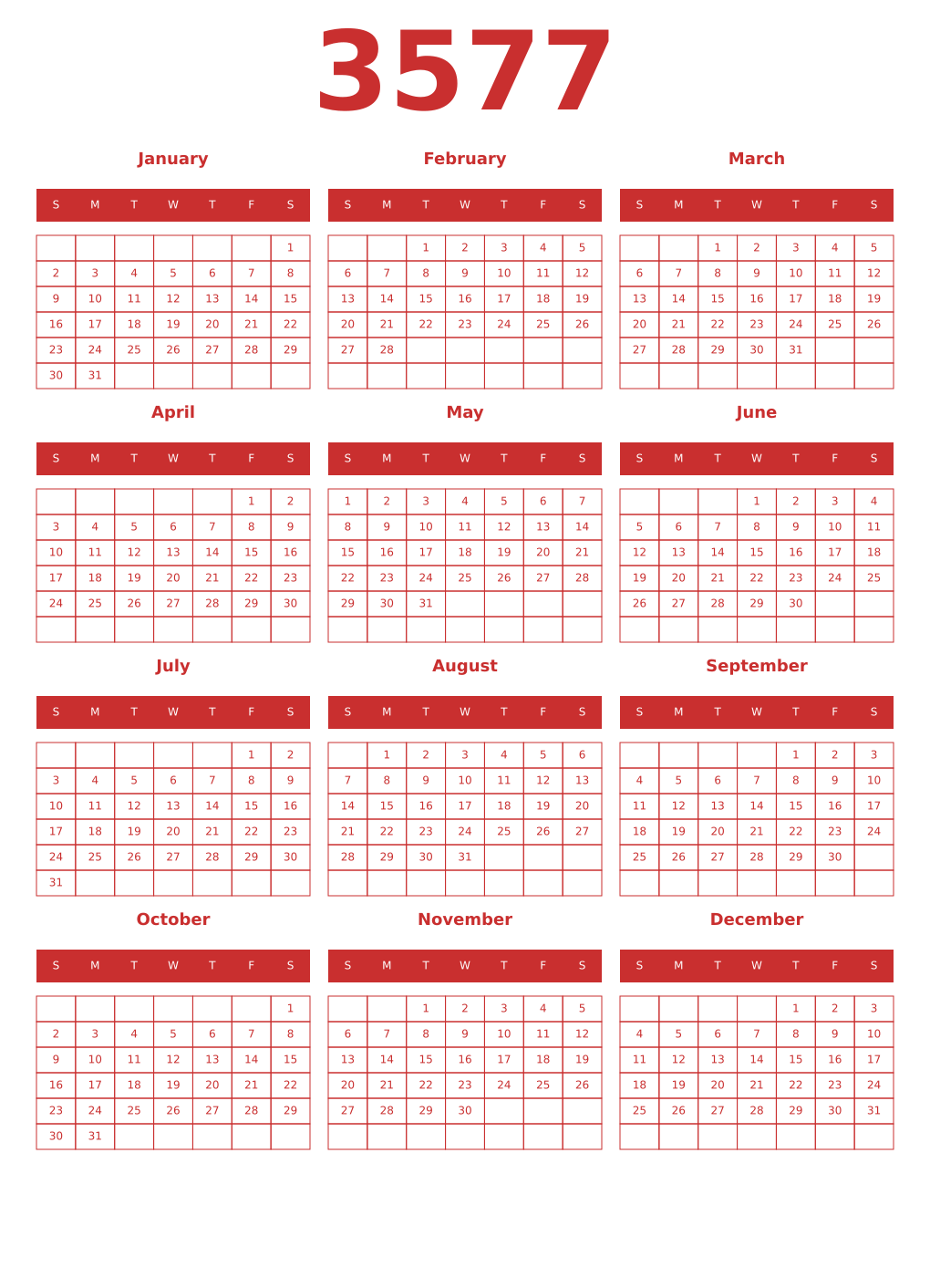 Printable 3577 Year Calendars red