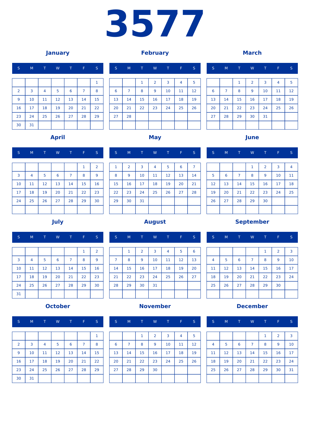 Printable 3577 Year Calendars smalt
