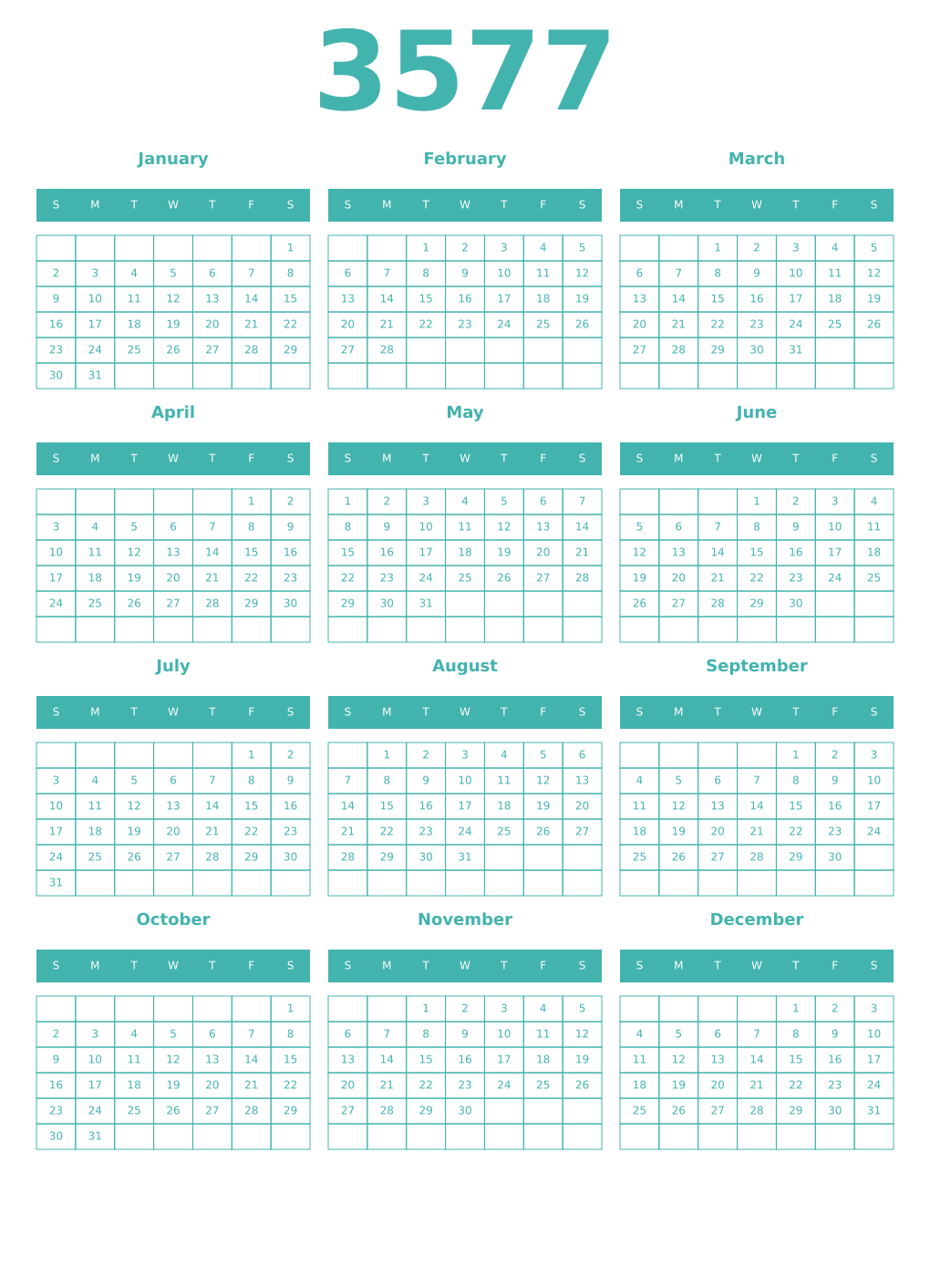Printable 3577 Year Calendars verdigris