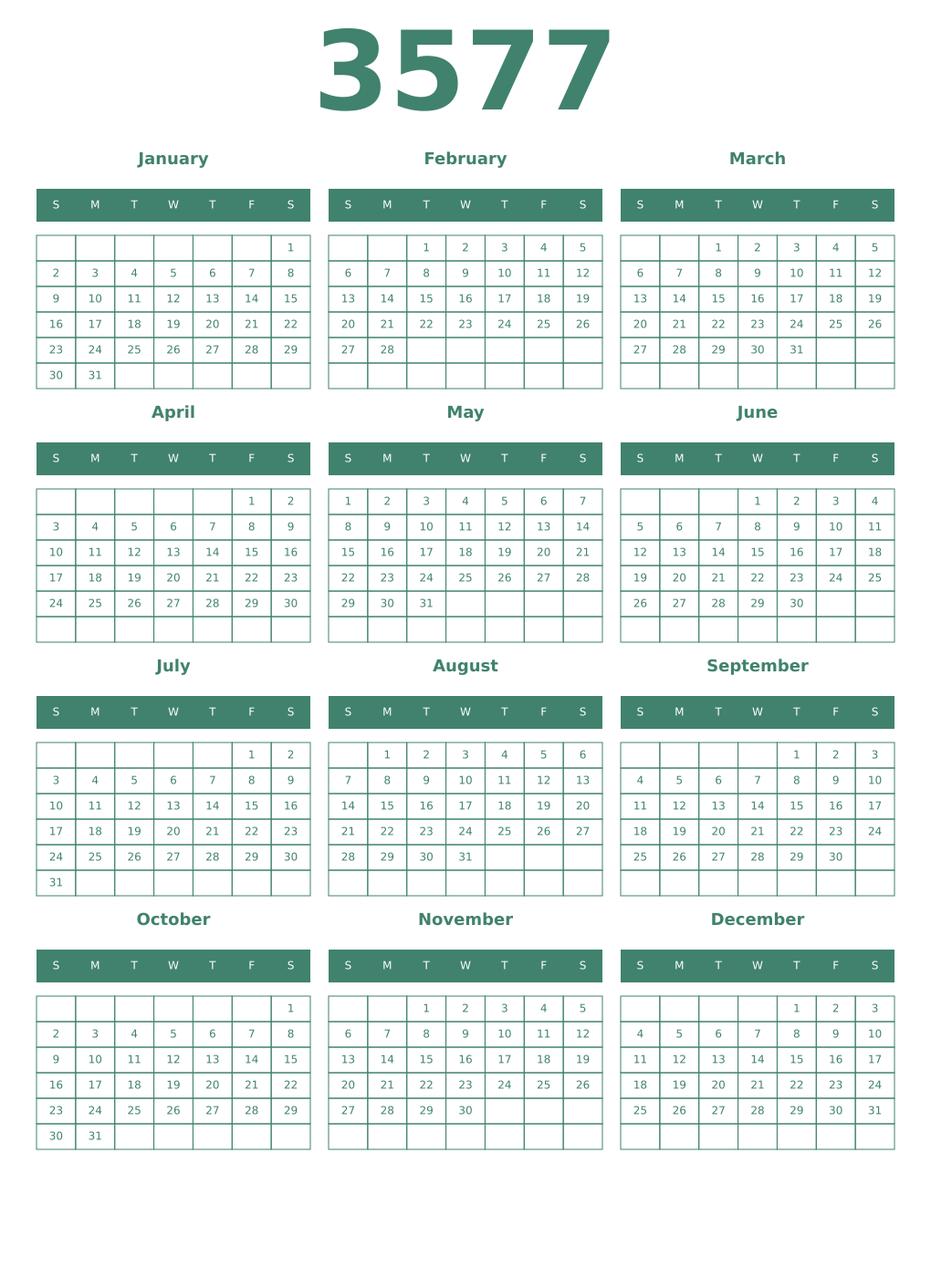Printable 3577 Year Calendars viridian