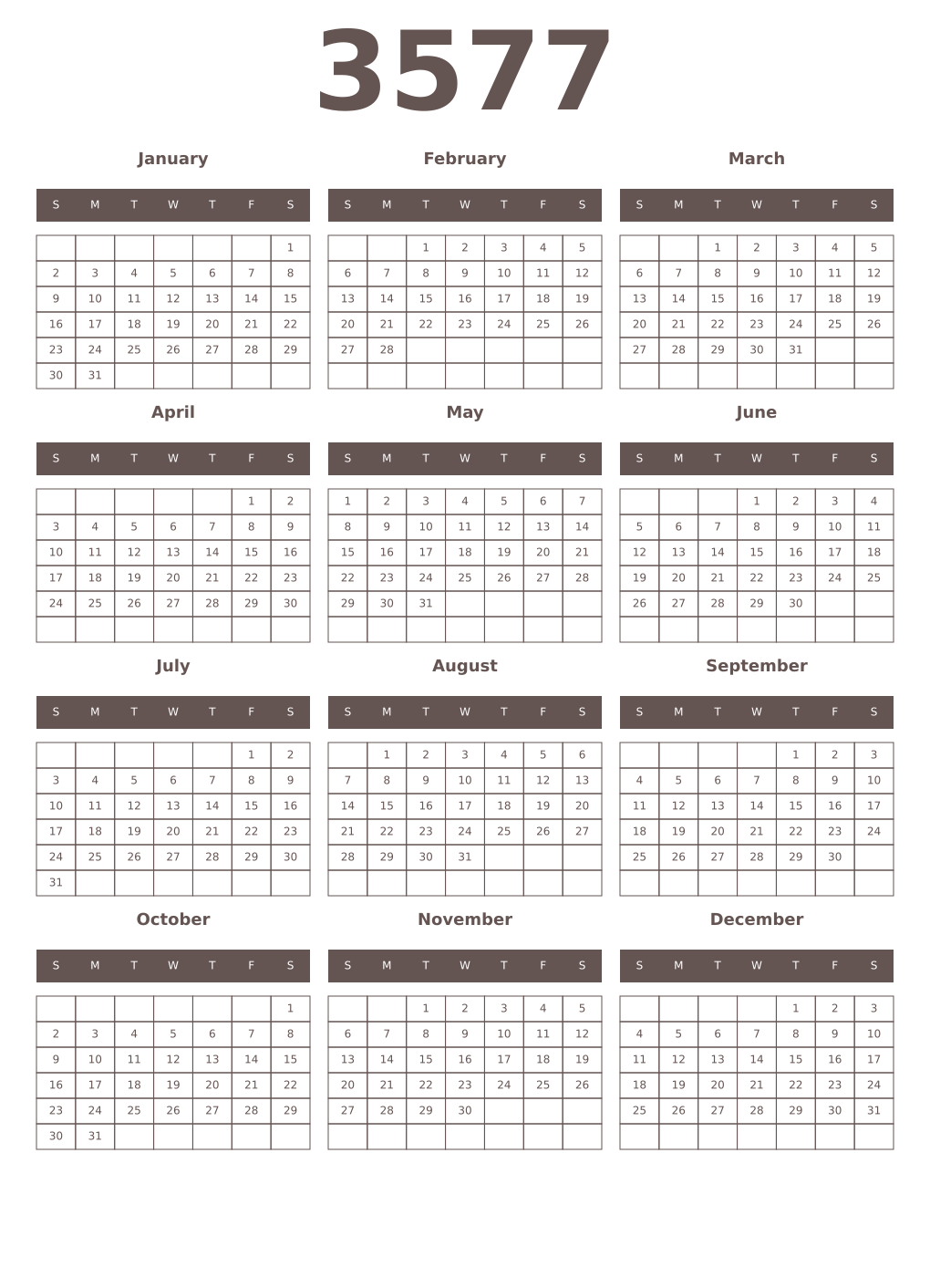 Printable 3577 Year Calendars wenge