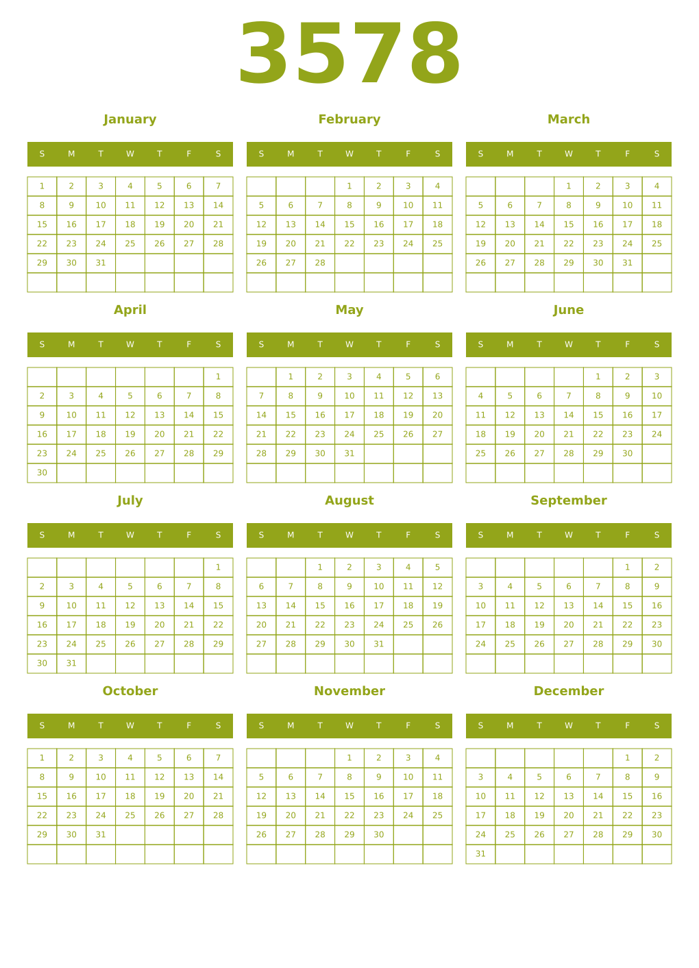Printable 3578 Year Calendars chartreuse