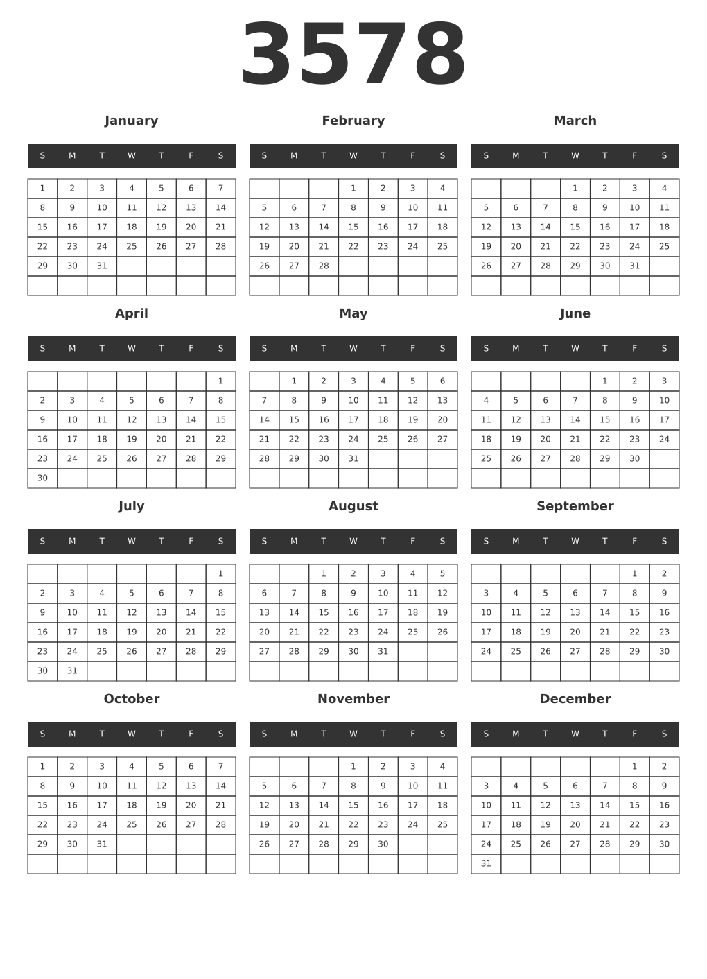 Printable 3578 Year Calendars dark