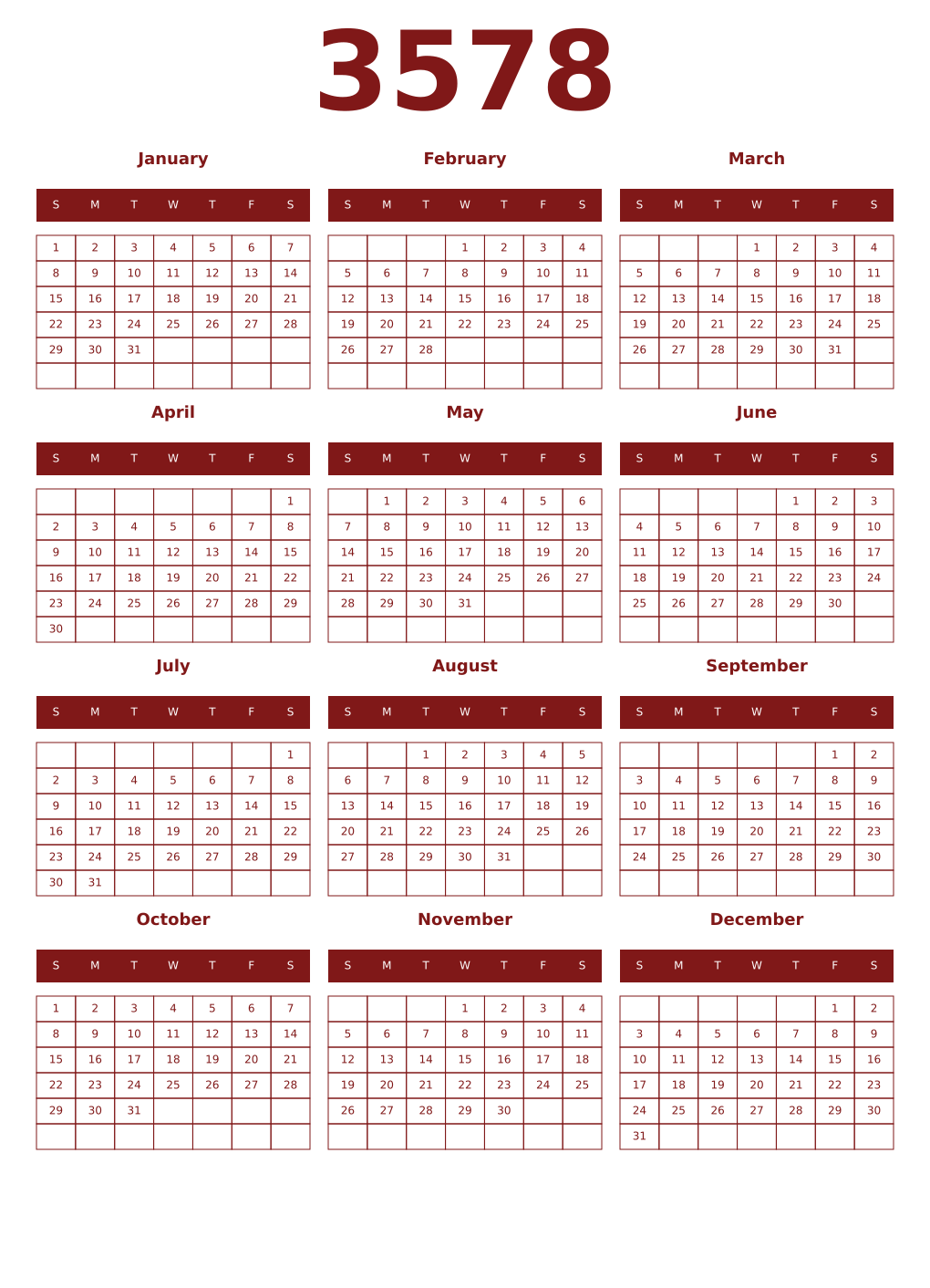 Printable 3578 Year Calendars falu