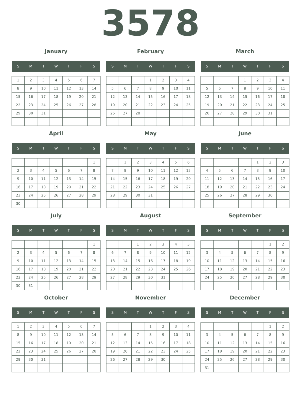 Printable 3578 Year Calendars feldgrau