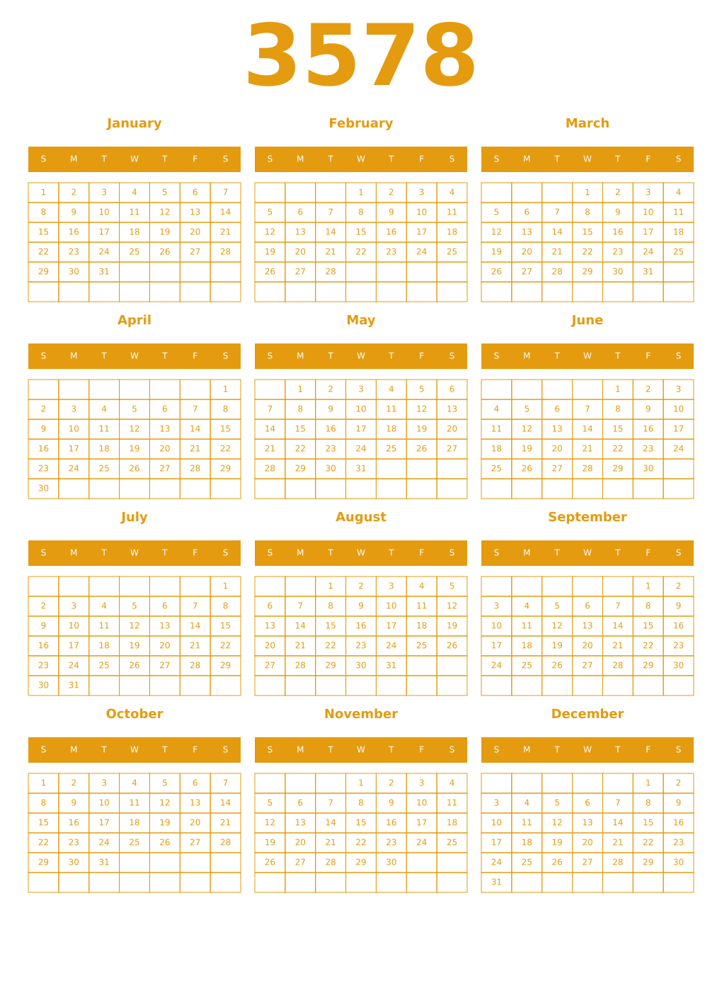 Printable 3578 Year Calendars gamboge