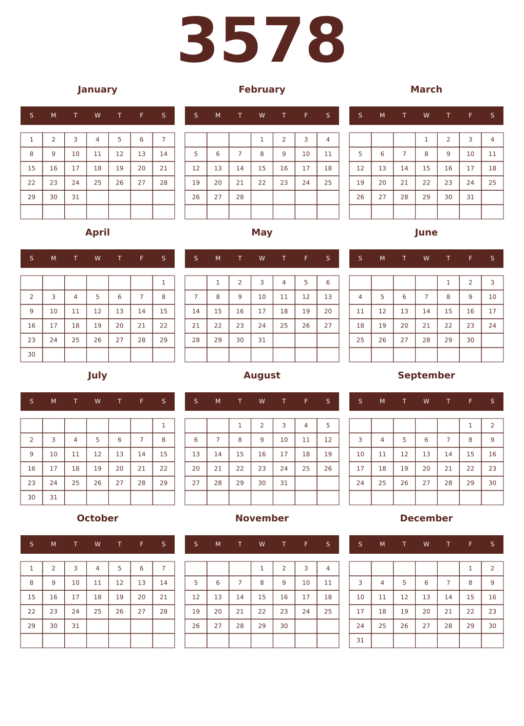 Printable 3578 Year Calendars mortuum