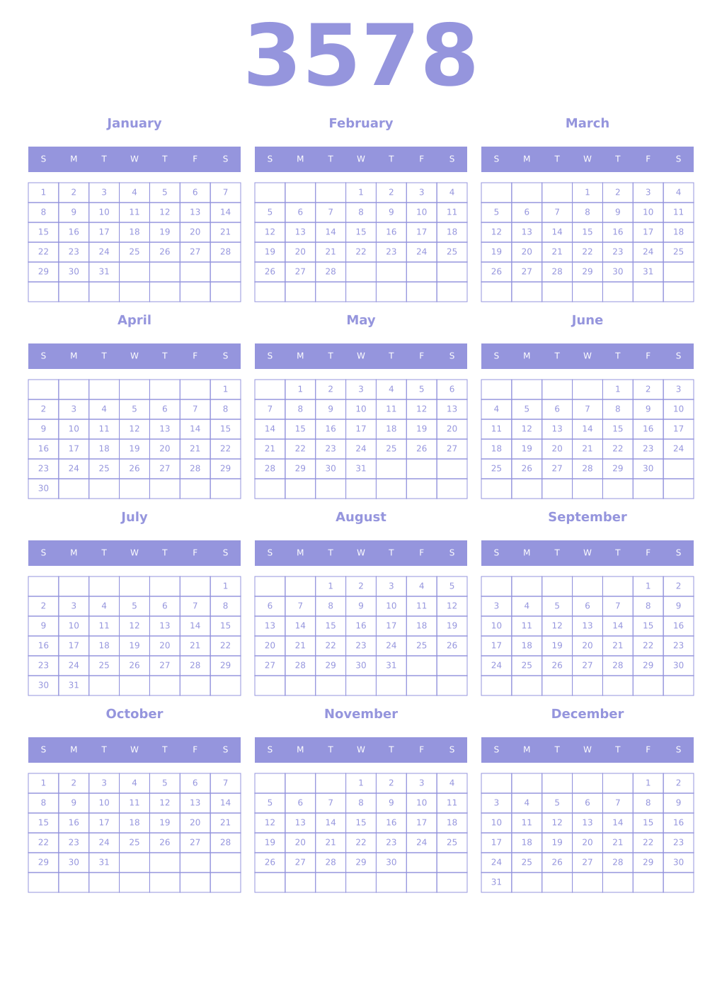 Printable 3578 Year Calendars periwinkle