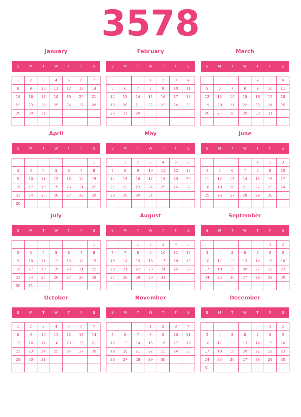 Printable 3578 Year Calendars pink