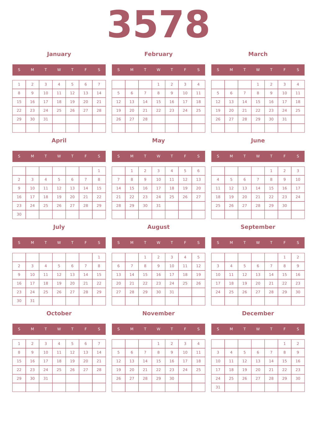 Printable 3578 Year Calendars puce