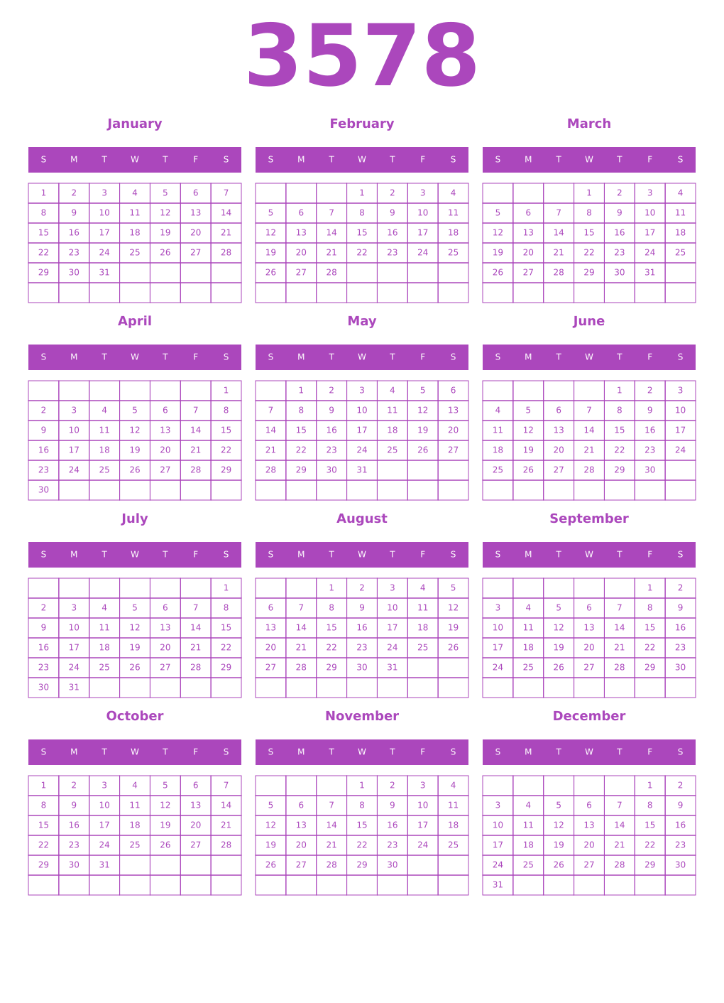 Printable 3578 Year Calendars purple